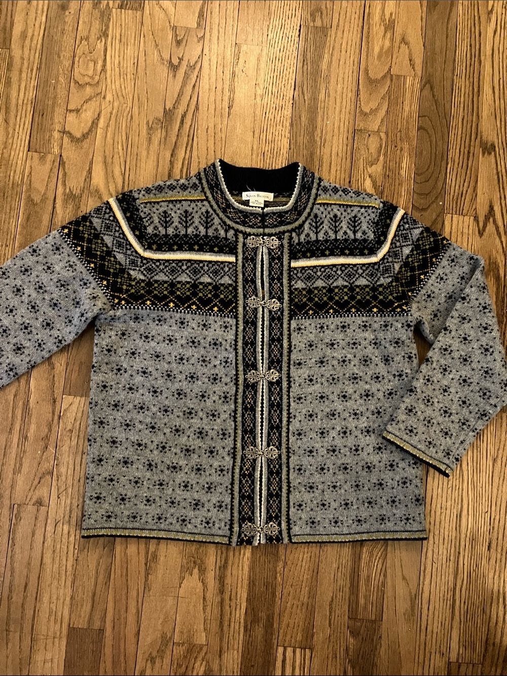 Susan Bristol Blue and Navy Patterned Nordic Wool Cardigan with silver toggles